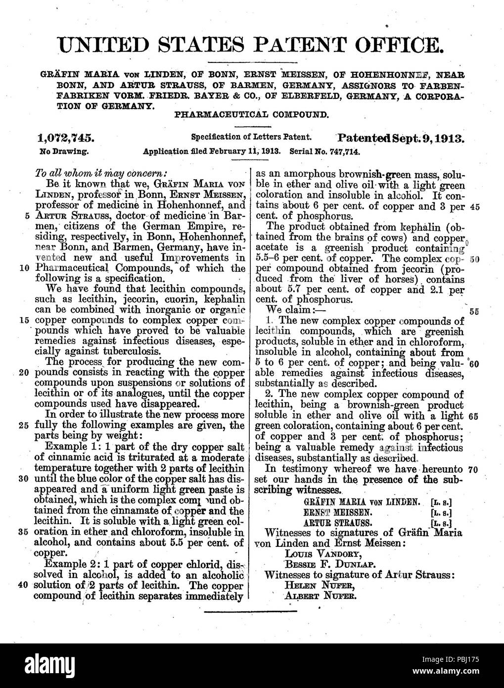 1795 (brevet US1072745 Maria von Linden) Banque D'Images