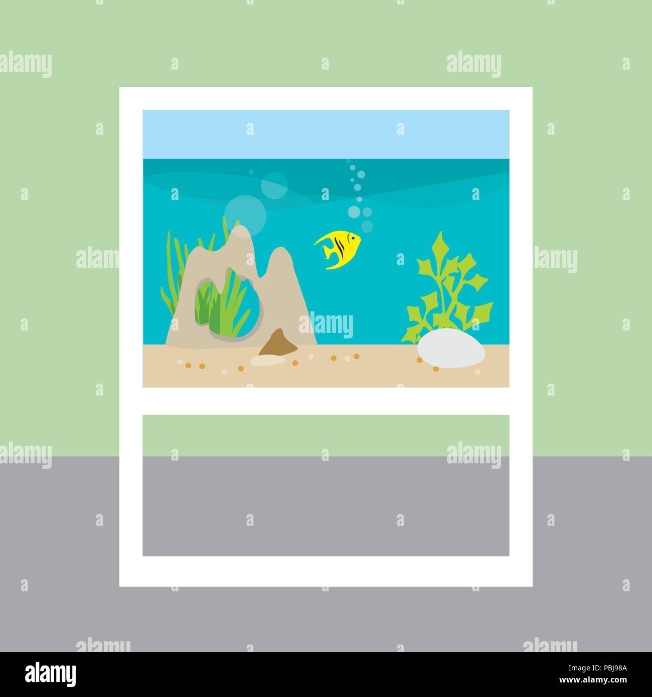 Modèle plat illustration de meubles avec aquarium et poissons avec des plantes et de la décoration dans la chambre avec mur vert - vector Illustration de Vecteur