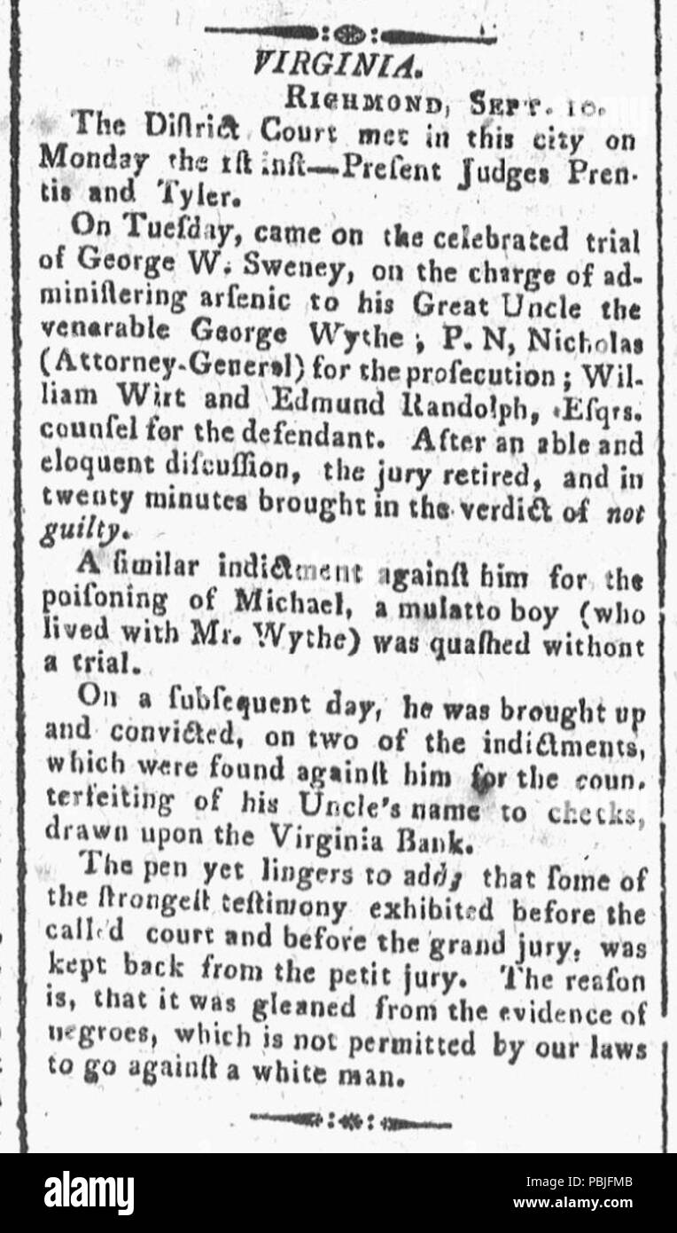 1802 Verdict demeure dans les cas de meurtre George Wythe Banque D'Images