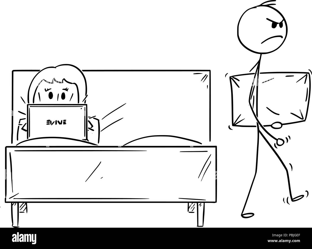 Caricature de couple, l'homme a été rejetée par femme et quitte le lit avec oreiller Illustration de Vecteur
