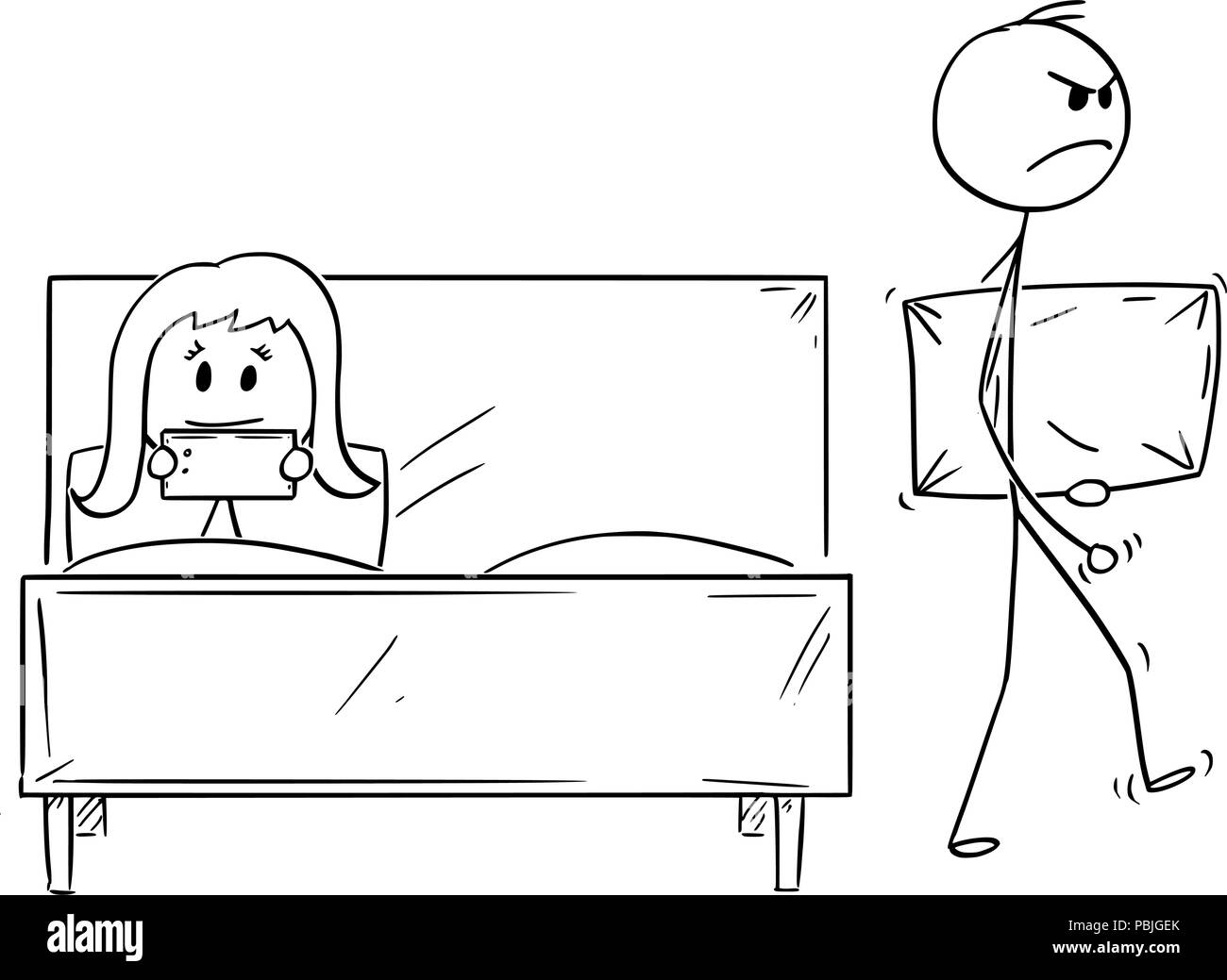 Caricature de couple, l'homme a été rejetée par femme et quitte le lit avec oreiller Illustration de Vecteur