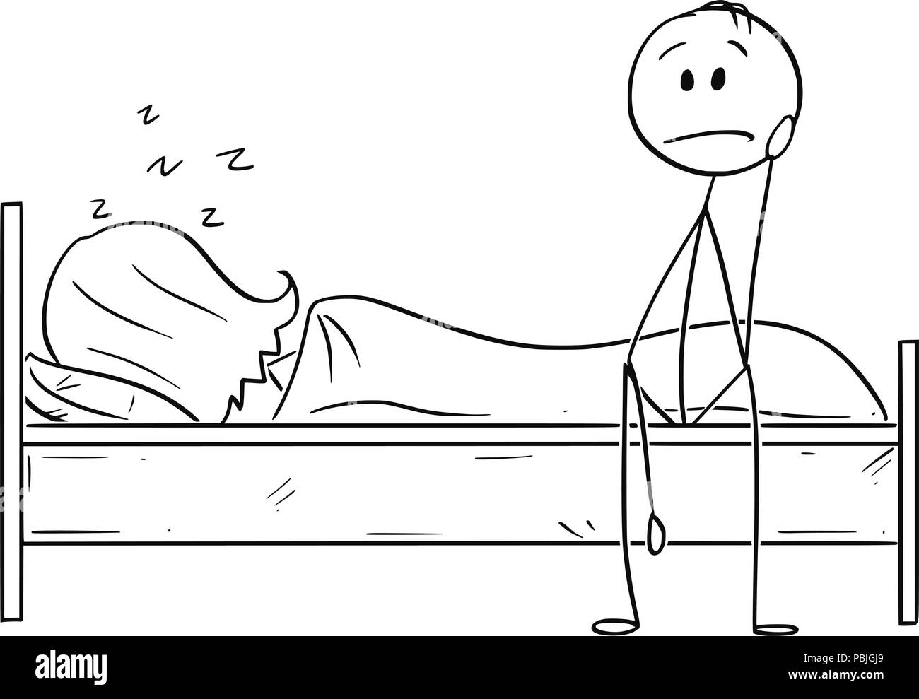Caricature de l'homme déprimé assis sur le lit tandis que la femme est en train de dormir Illustration de Vecteur