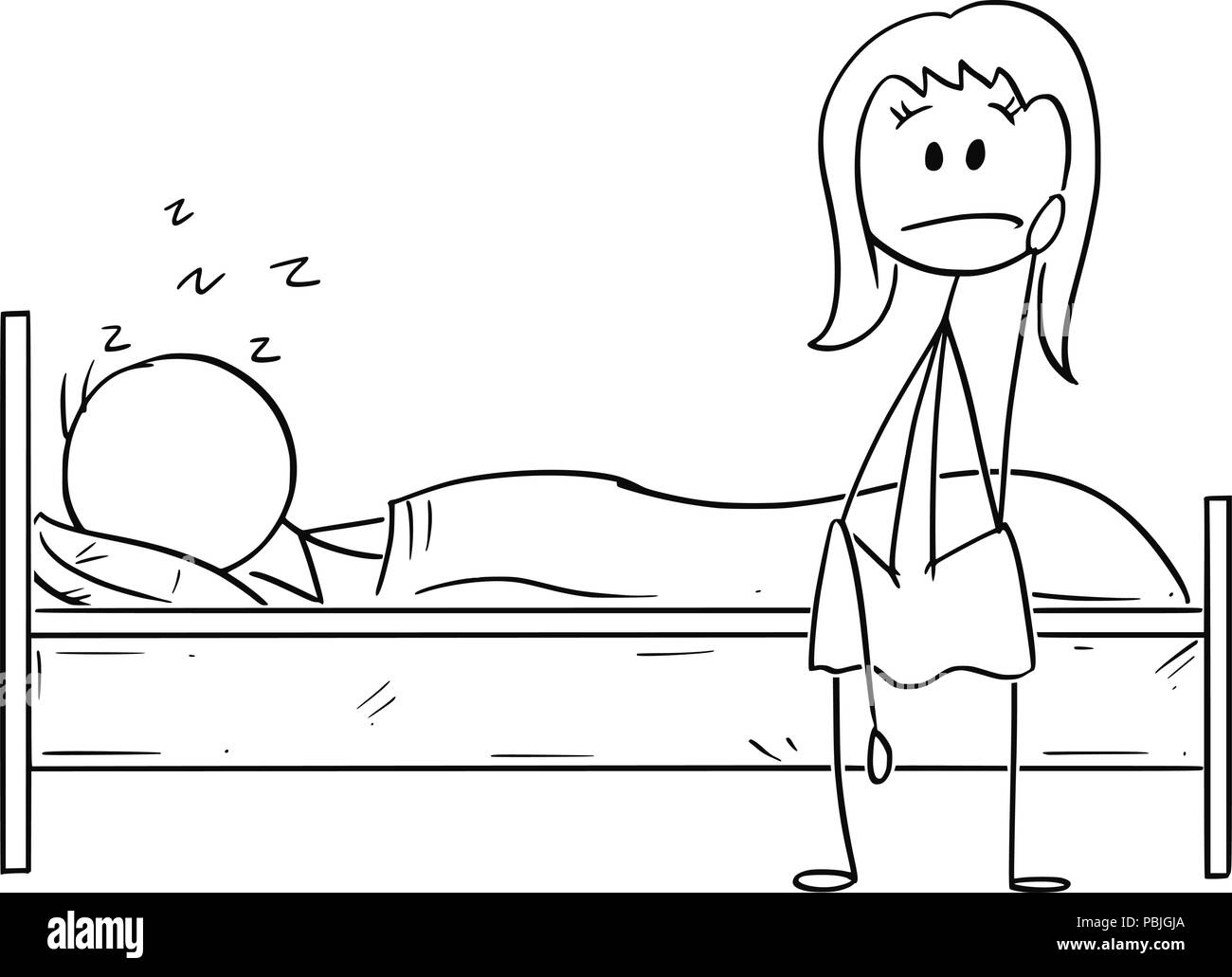 Caricature de déprimé femme assis sur le lit tandis que l'homme est en train de dormir Illustration de Vecteur