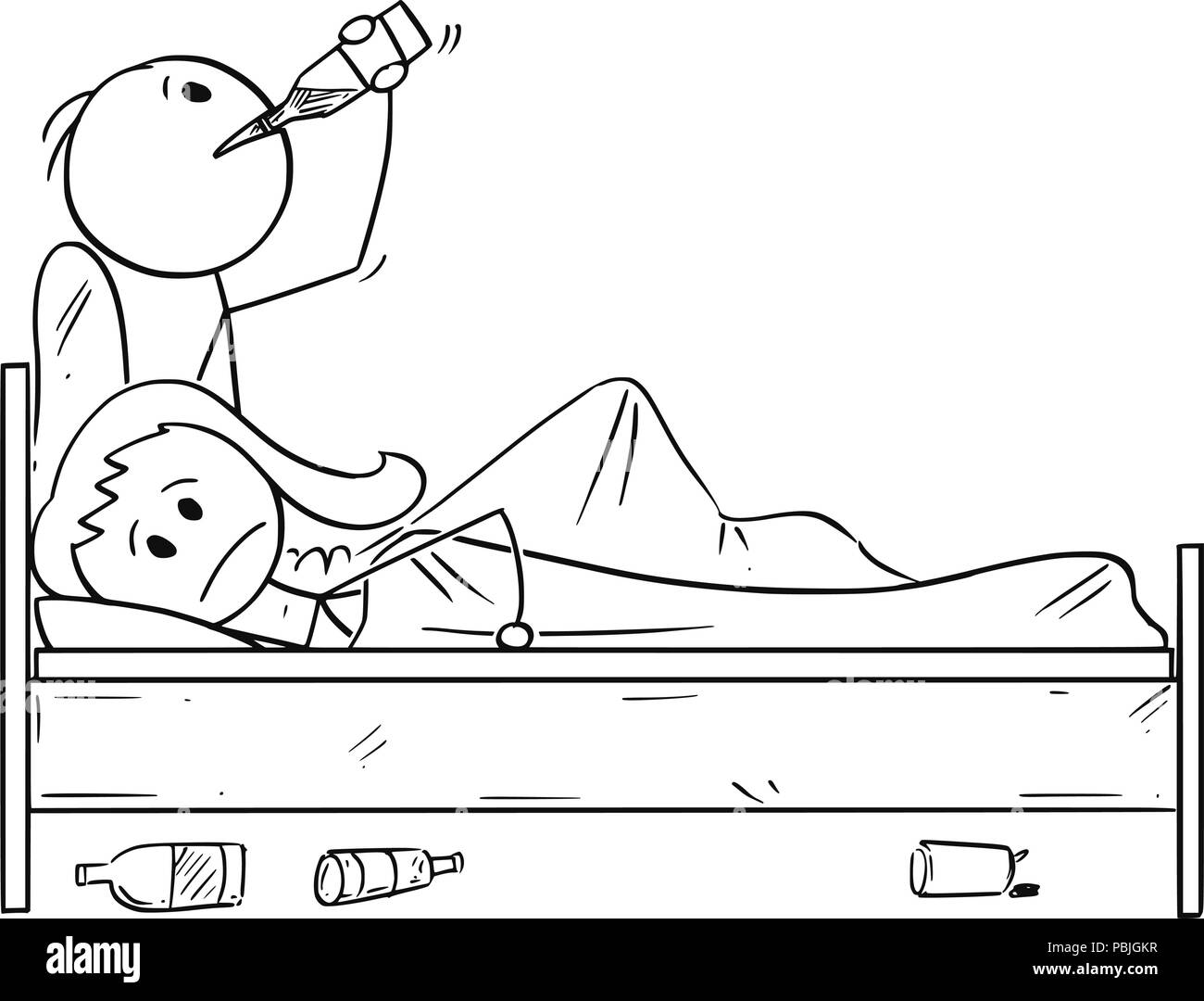 Caricature de femme malheureuse d'essayer de dormir pendant que l'homme est de boire de l'alcool dans le lit Illustration de Vecteur