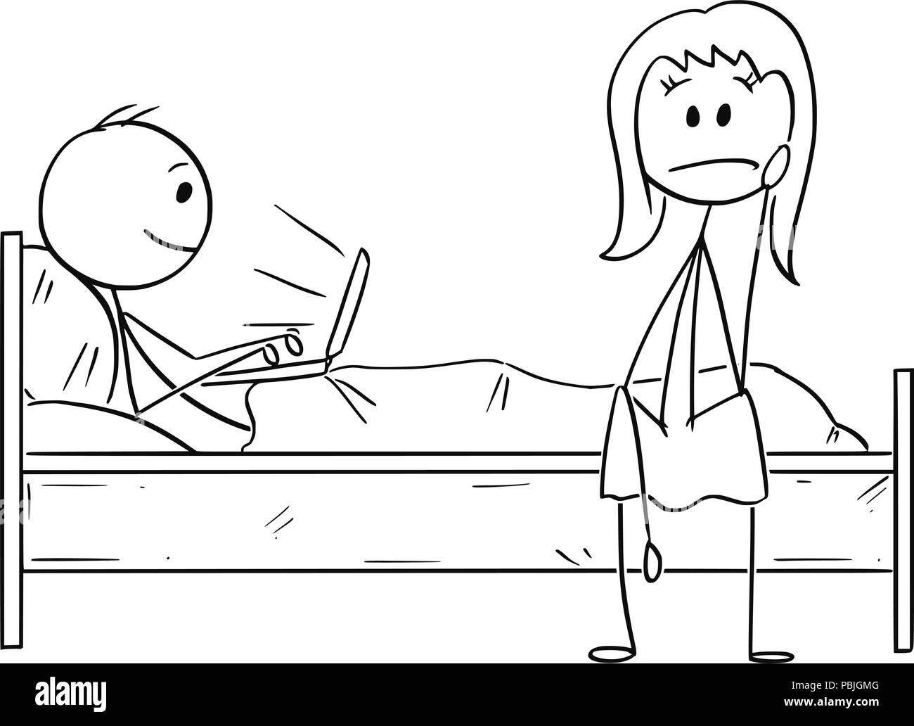 Caricature de déprimé Woman Sitting on Bed tandis que l'homme travaillant sur un ordinateur portable Illustration de Vecteur