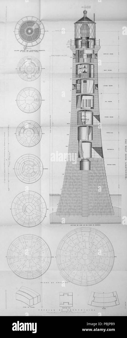 1864 Wolf Rock phare du dessin technique Banque D'Images