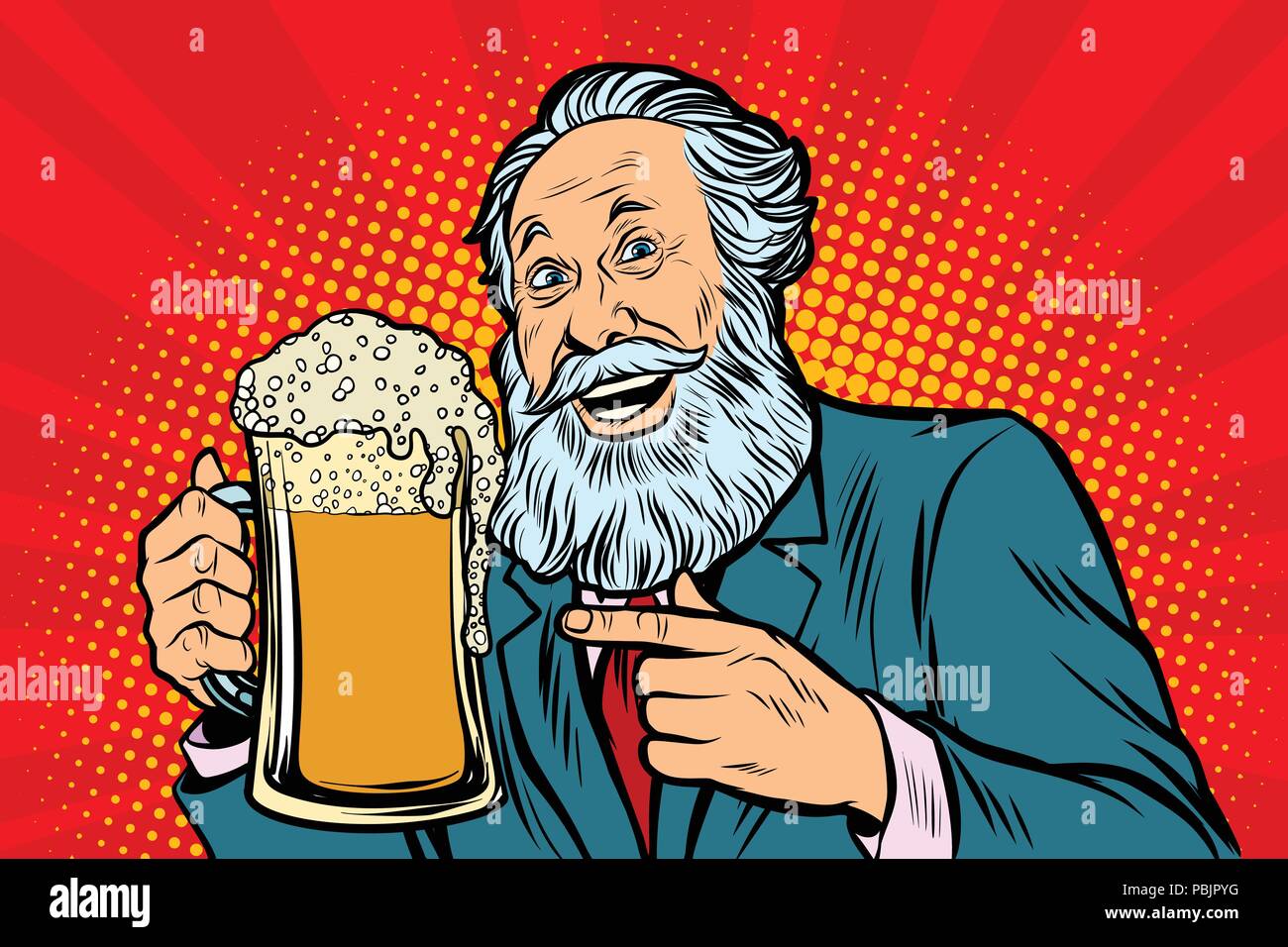 Vieil homme souriant avec une chope de bière foam Illustration de Vecteur