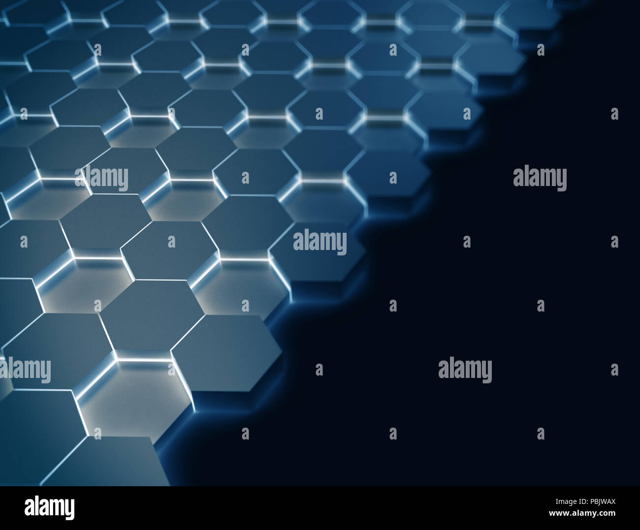 Hexagone bleu brillant modèle 3D dans l'obscurité avec copyspace Banque D'Images