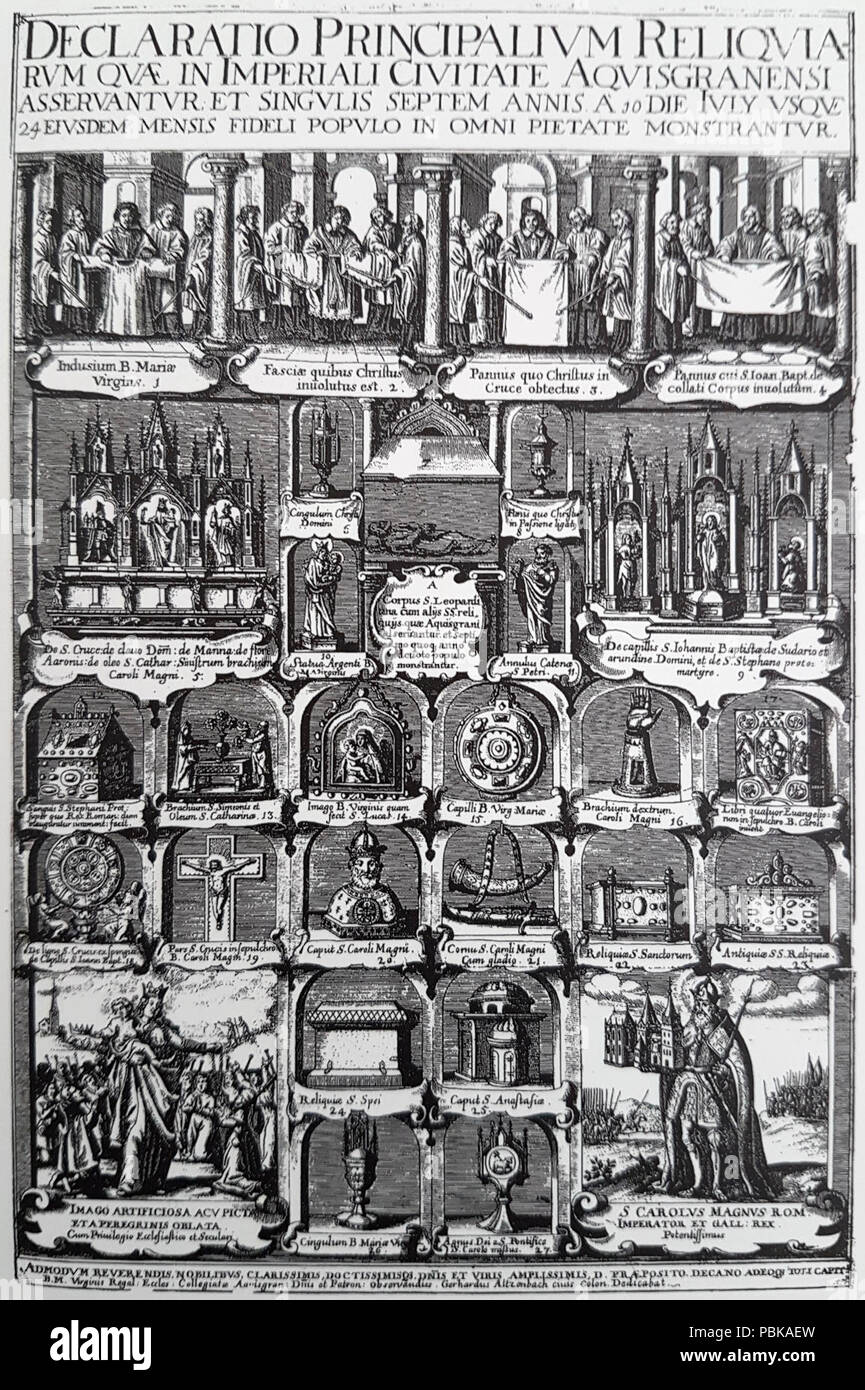 Trésor de la cathédrale d'Aix-la-Chapelle, gravure de reliques, ca 1615. Banque D'Images
