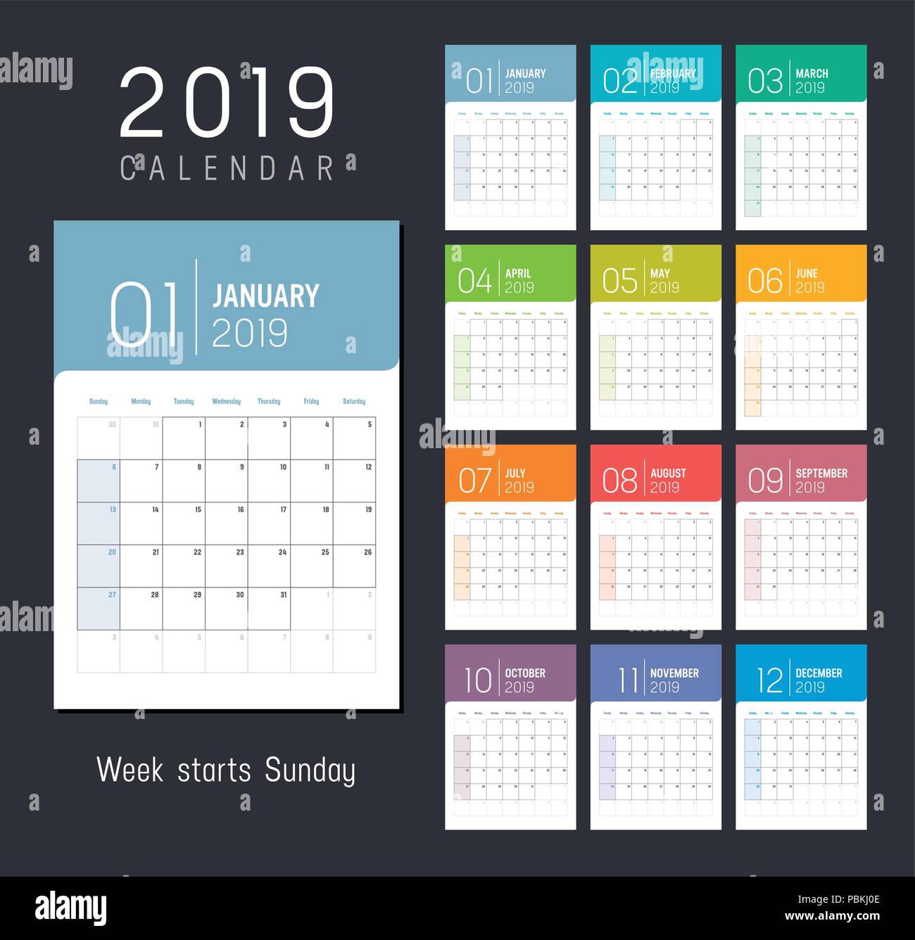 Année 2019 Calendrier original, les semaines commencent le dimanche - Vector modèle. Illustration de Vecteur