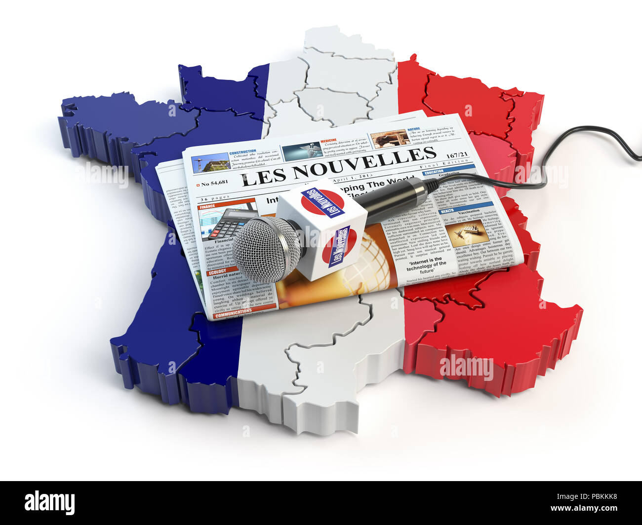 Le Français Actualités, presse et journalisme concept. Microphone et un journal avec les nouvelles 'global' (français : actualités)sur la carte en couleurs du drapeau Banque D'Images