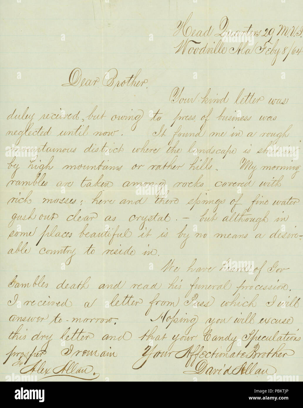 906 Lettre signée David Allan, Head Quarters 29e M.V.I., Woodville, Ala., à son frère, Alex Allan, le 8 février 1864 Banque D'Images