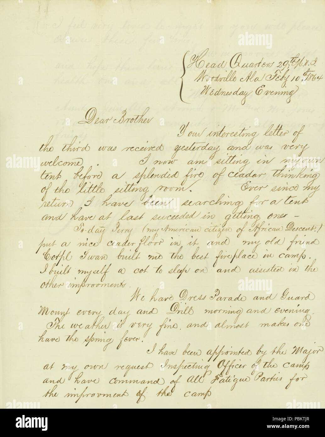 906 Lettre signée David Allan, Head Quarters 29e M.V.I., Woodville, Ala., à son frère, James Allan, Saint Louis, Mo., Février 10, 1864 Banque D'Images