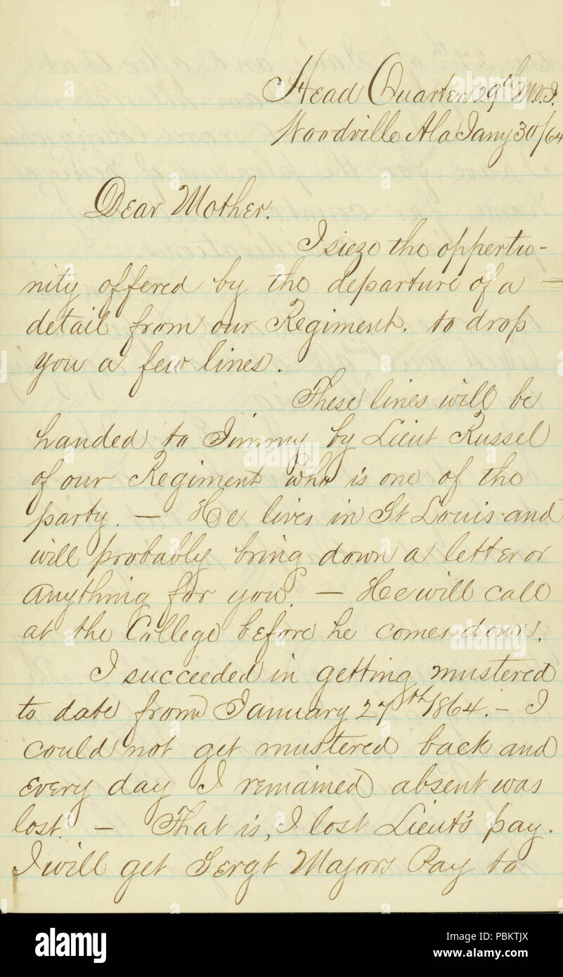 906 Lettre signée David Allan, Head Quarters ve 29 I., Woodville, Ala., à sa mère Mme M.A. Allan, Saint Louis, Mo., Janvier 30, 1864 Banque D'Images