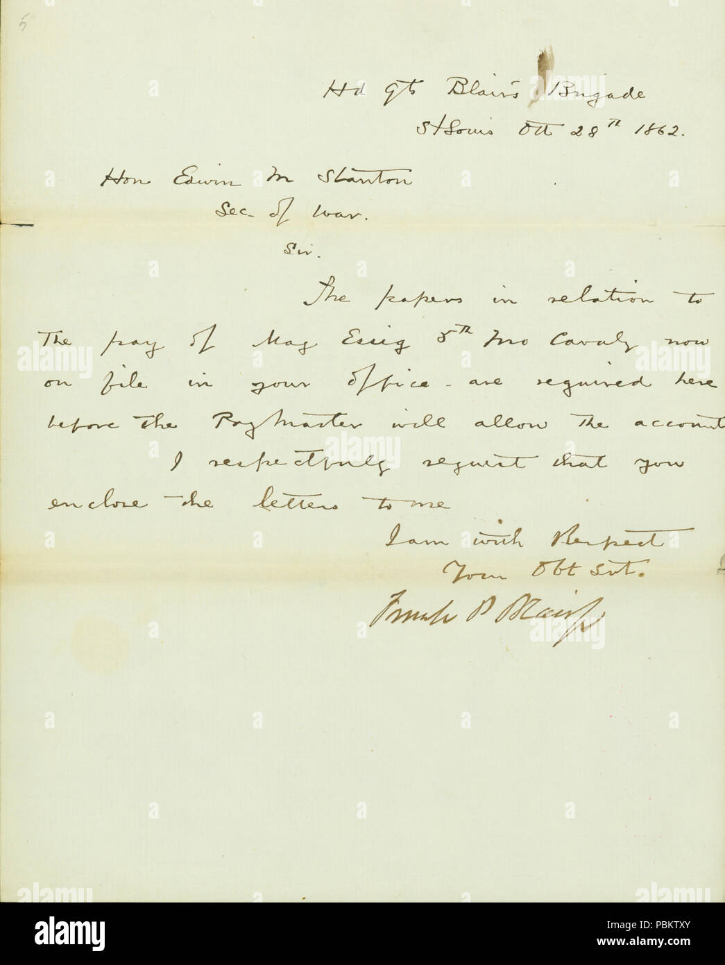 907 Lettre signée Frank P. Blair, Jr, Saint Louis, à l'honorable Edwin M. Stanton, secrétaire de la guerre, le 28 octobre 1861 Banque D'Images