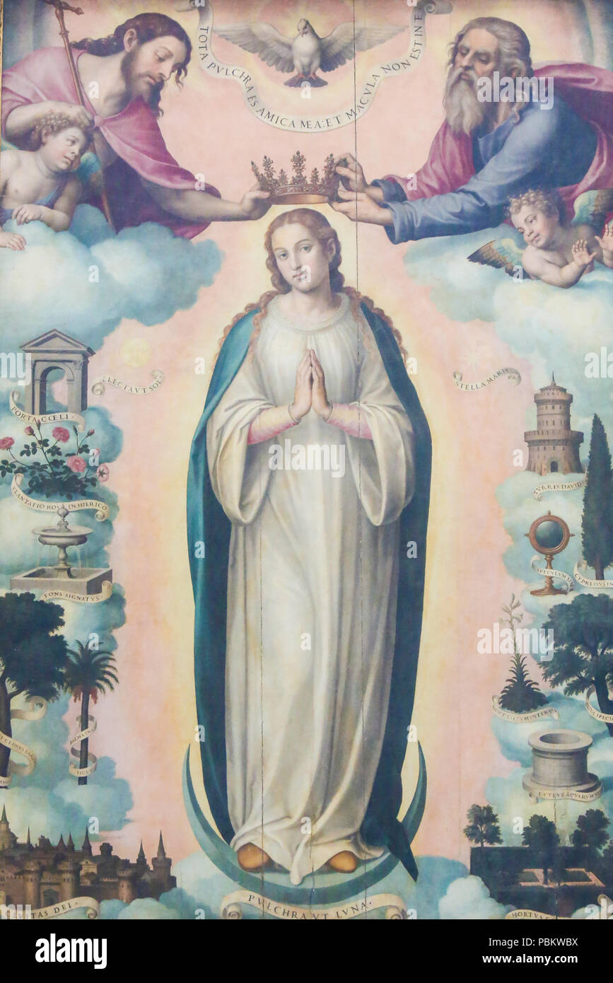 La peinture du couronnement de la Vierge Marie par la Sainte Trinité, Père, Fils et Esprit Saint, à Valence, Espagne Banque D'Images
