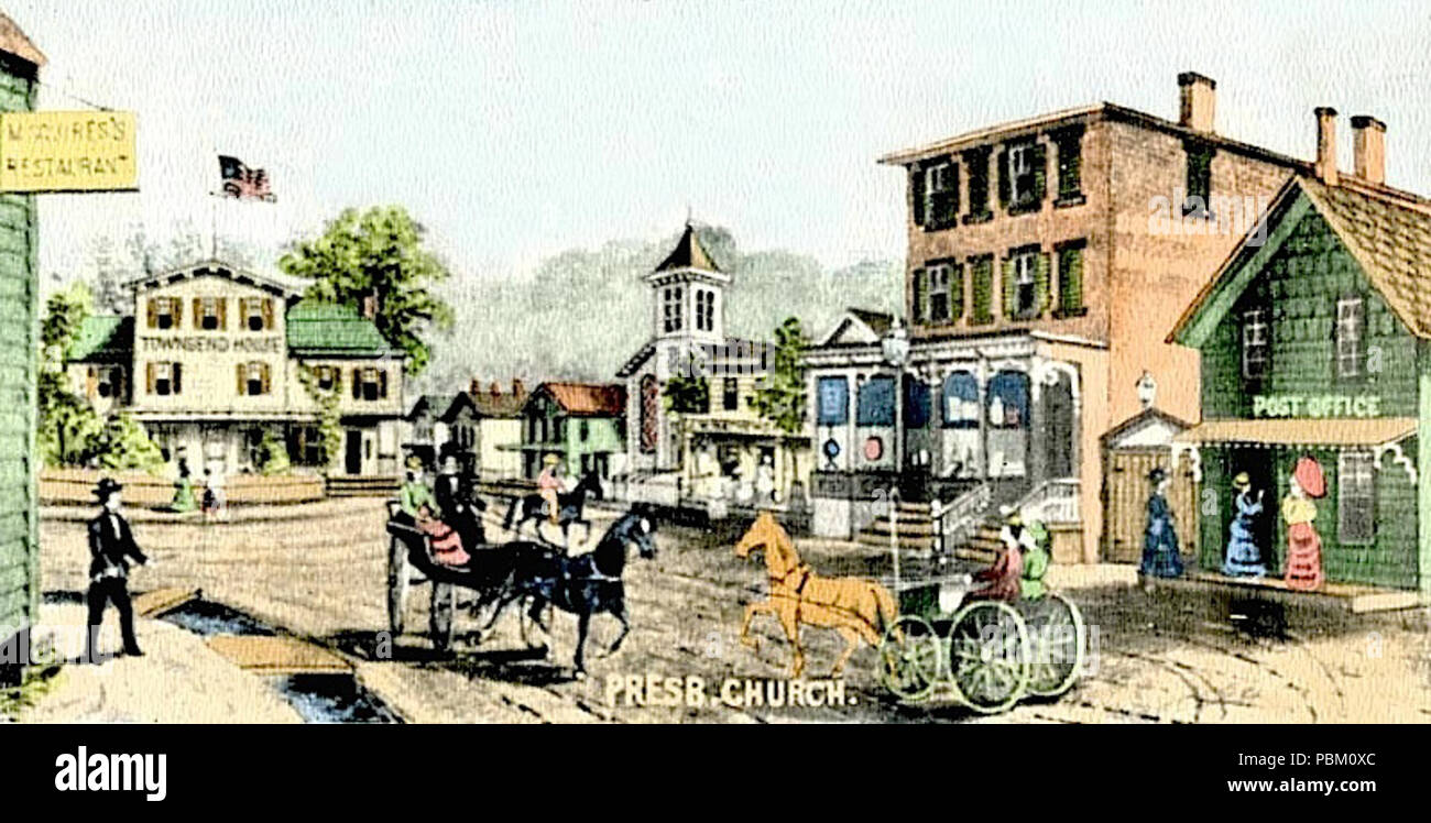 . Anglais : Carte postale historique de l'Hôtel Square (maintenant l'angle des rues Main et Main) dans Port Jefferson, NY . Fin du xixe siècle 762 Carte postale historique de l'Hôtel Square dans Port Jefferson Banque D'Images