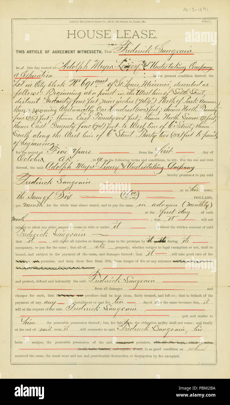 Maison 772 Convention de bail entre Frederick Saugrain et Adolph Meyer Livery et engagement Co. pour la durée de cinq ans pour un loyer mensuel de $6, 3 octobre 1891 Banque D'Images