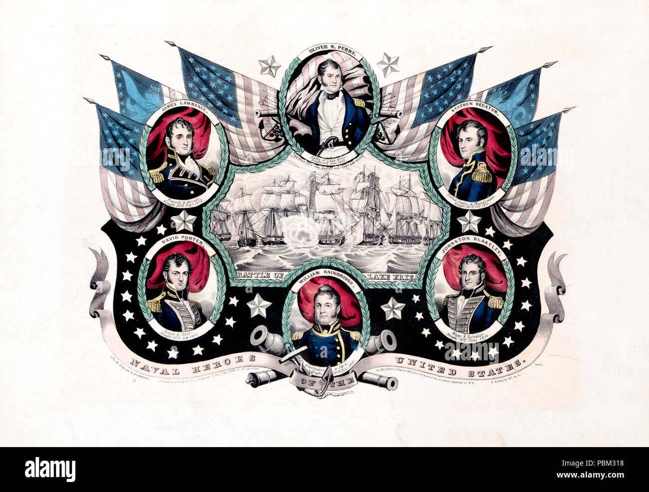 Portraits de Oliver H. Perry, Stephen Decatur, Johnston Blakeley, William Bainbridge, David Porter, et James Lawrence entourant une vignette de la bataille du lac Érié. ca 1846 - héros naval Banque D'Images