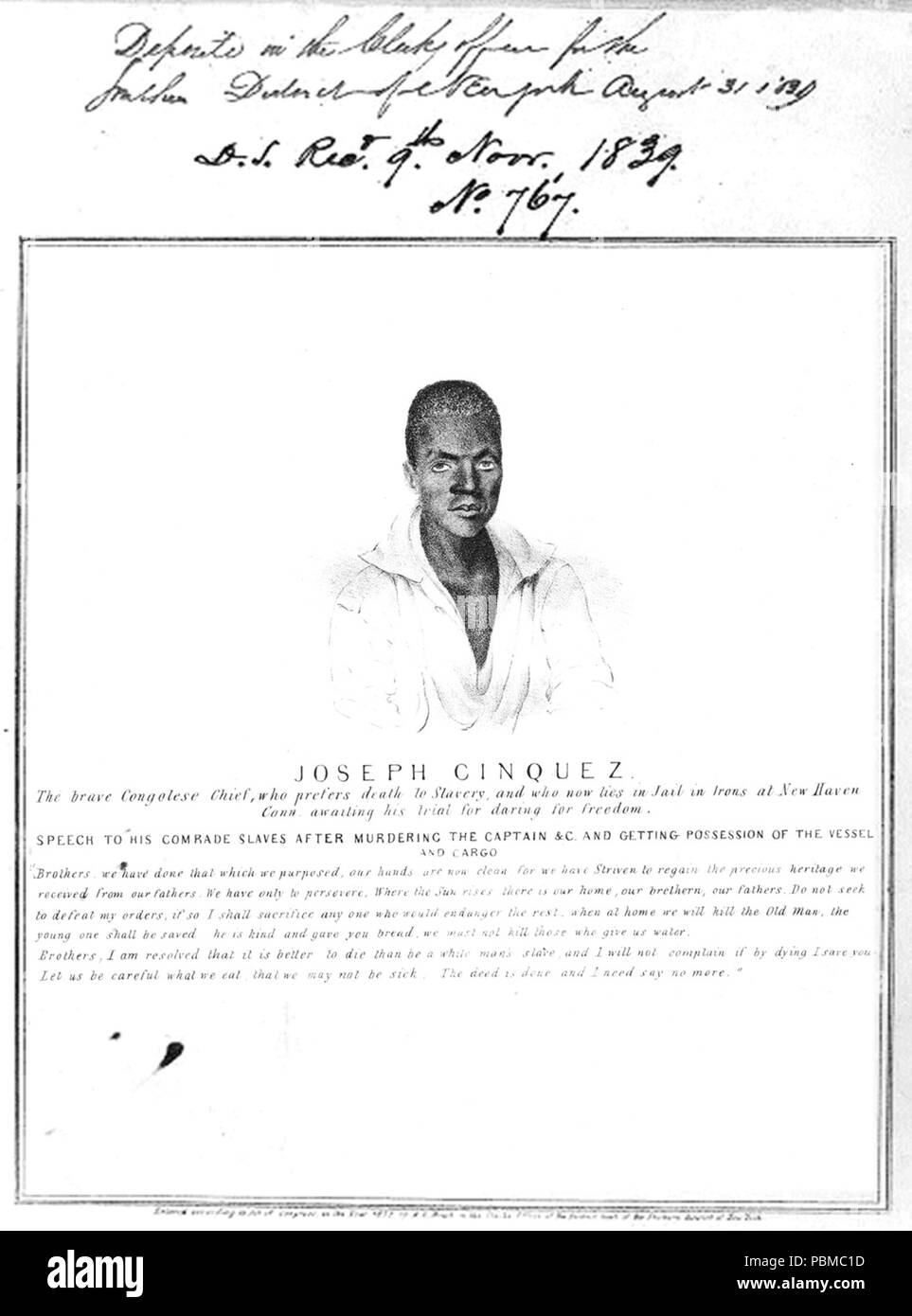 . Anglais : Joseph Cinquez était le chef d'une révolte parmi les esclaves africains à bord du navire espagnol Amistad' 'en route vers Cuba en juin 1839. Les esclaves a pris le contrôle du navire mais ont rapidement repris et accusé de meurtre et le piratage. Ce portrait a été fait en Cinquez (ou 'Cinque') procès attendu à New Haven, Connecticut. John Quincy Adams représentait les africains devant la Cour suprême, et grâce à son éloquence, qu'ils ont été libérés et autorisés à retourner à l'Afrique. Portrait de Sheffield est sympathique et informel. Le texte cite Cinquez sobre et de l'émouvant discours de ses camarades sur b Banque D'Images