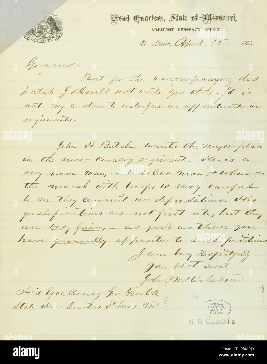 909 Lettre signée John M. Richardson, Saint Louis, gouverneur de Gamble (Hamilton R. Gamble), 18 avril, 1863 Banque D'Images