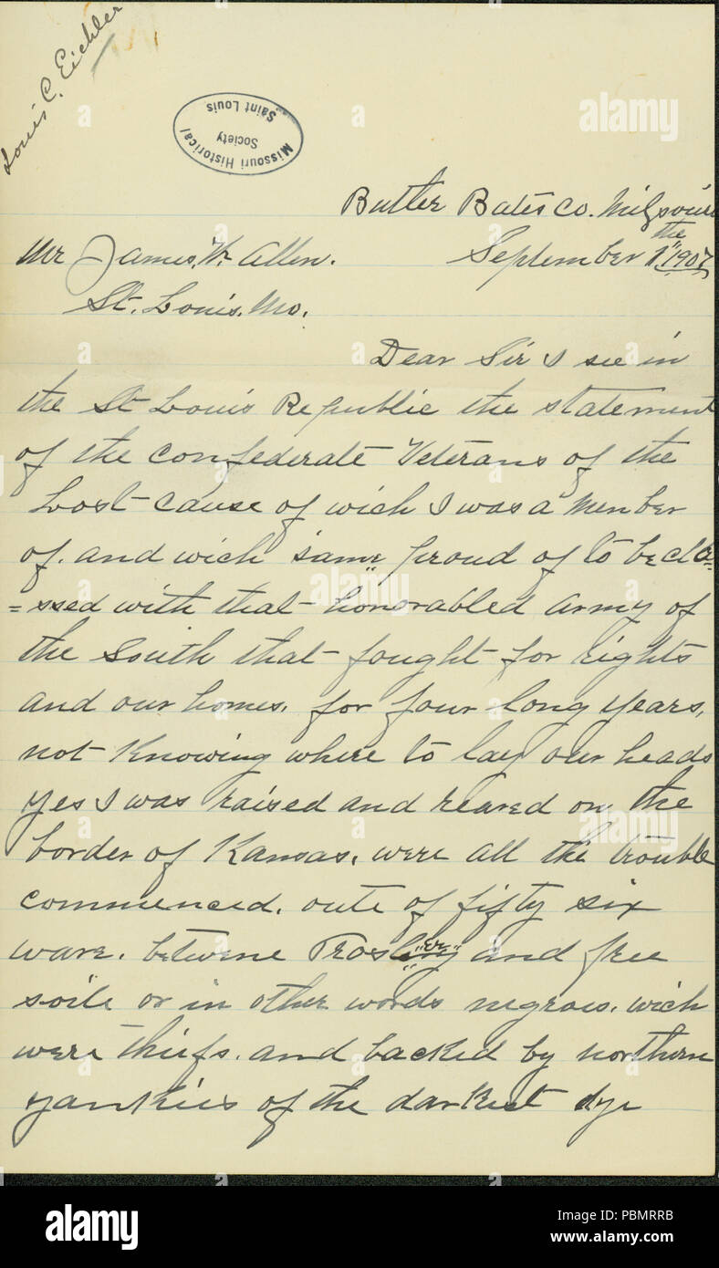 910 Lettre signée Lewis C. Eichler, Butler, Bates Comté (Missouri), à James W. Allen, Saint Louis, le 1 septembre 1907 Banque D'Images