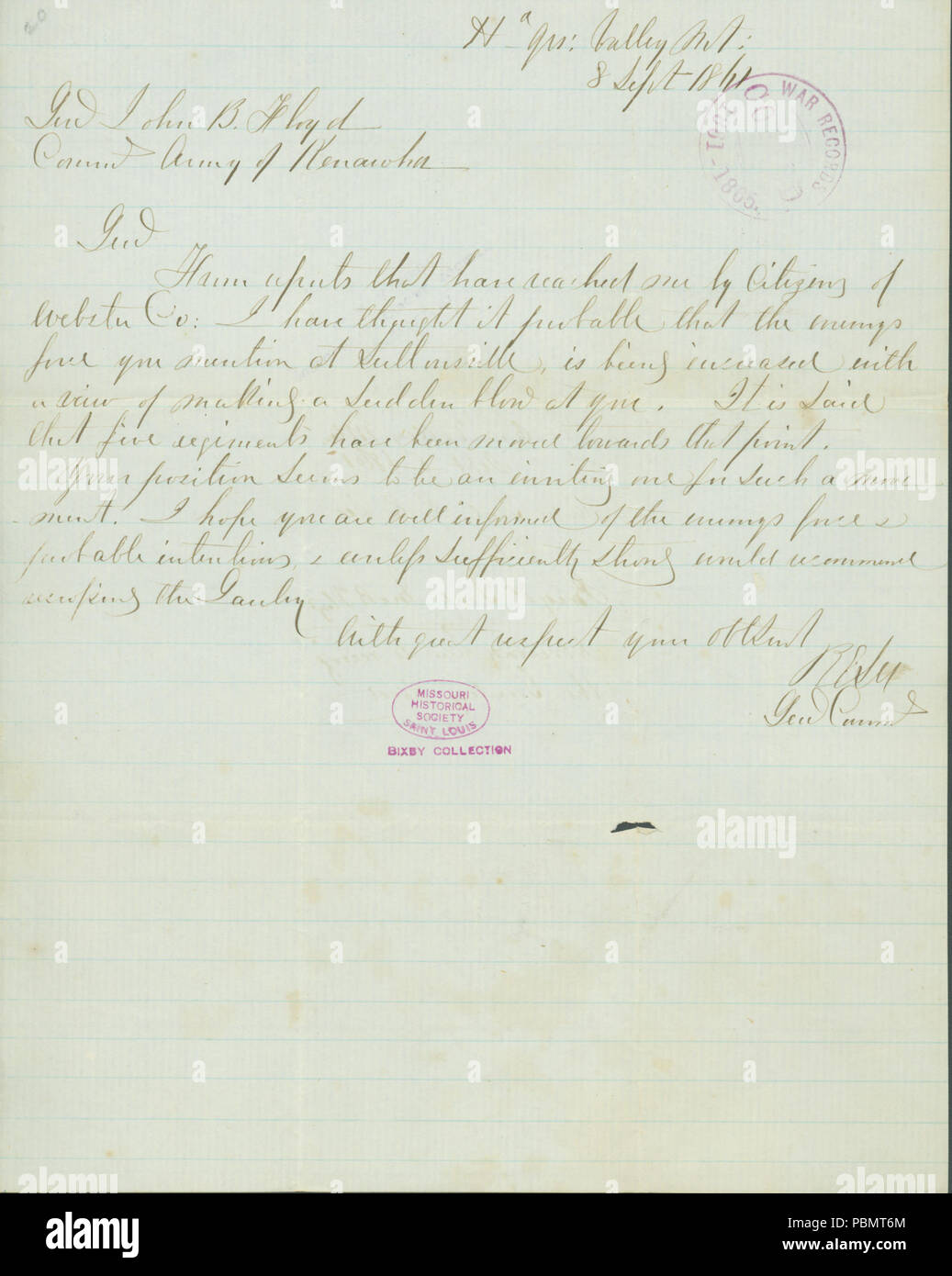 911 Lettre signée R.E. Lee à John B. Floyd, le 8 septembre 1861 Banque D'Images