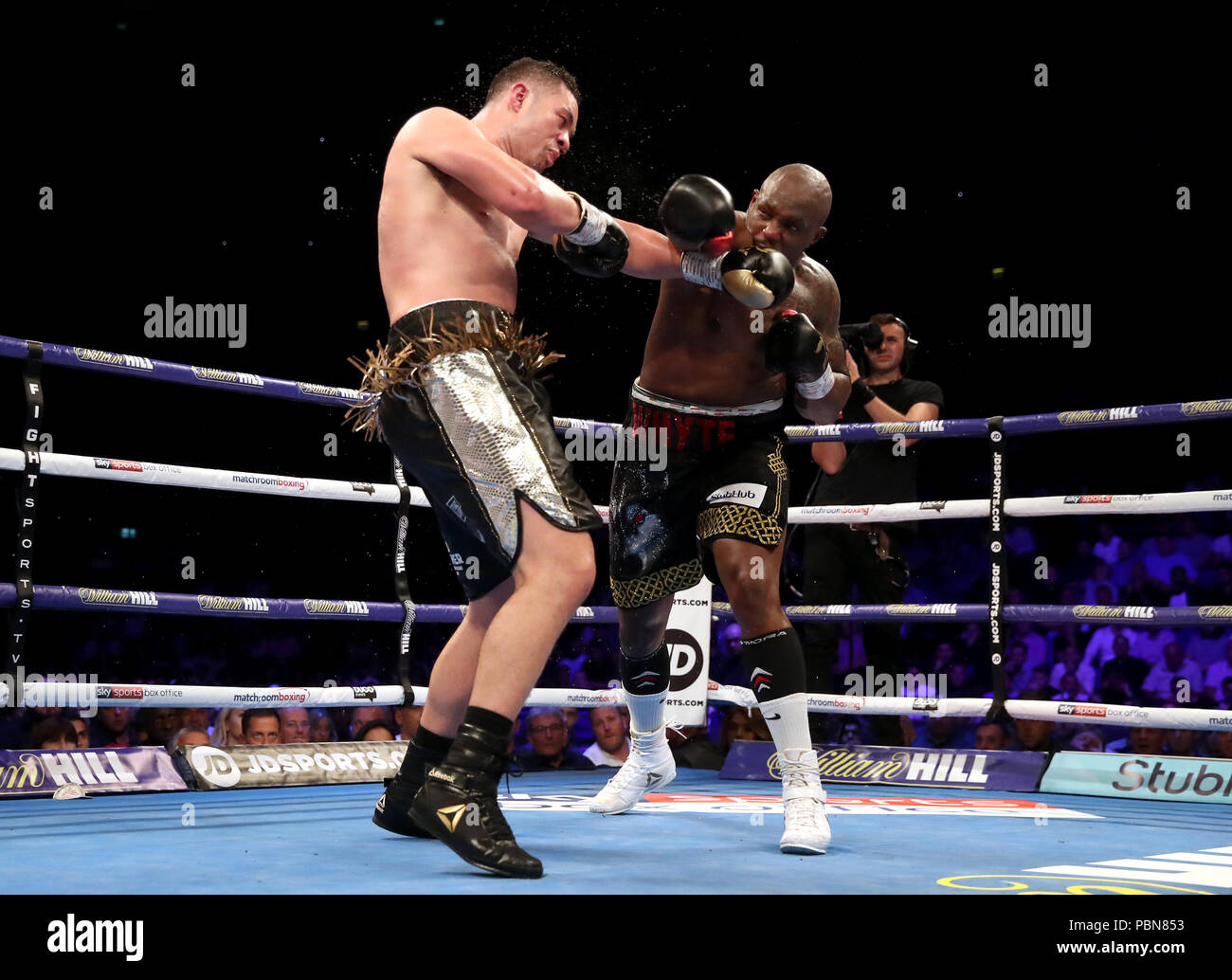 Dillian Whyte (à droite) en action contre Joseph Parker pendant leur argent WBC Heavyweight Title et WBO Heavyweight Title International à l'O2 Arena, Londres. Banque D'Images