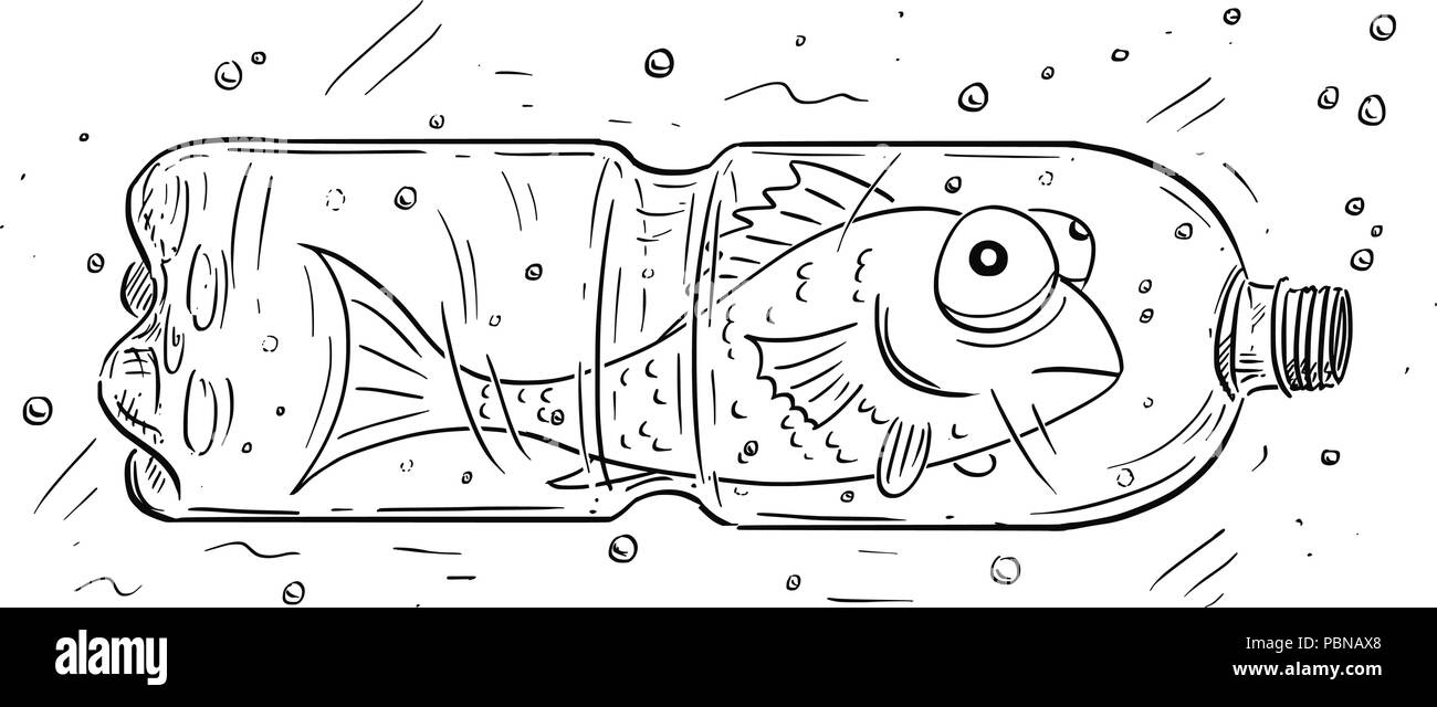 Caricature de poissons emprisonnés dans la bouteille en plastique Illustration de Vecteur