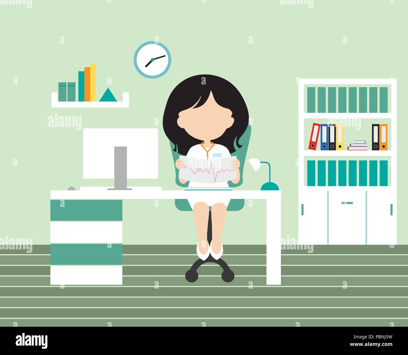 Jeune femme - médecin assis dans un bureau ou une intervention chirurgicale sur une chaise dans un bureau avec un ordinateur et analyse l'électrocardiogramme du patient, murs verts, classement de cabi Illustration de Vecteur