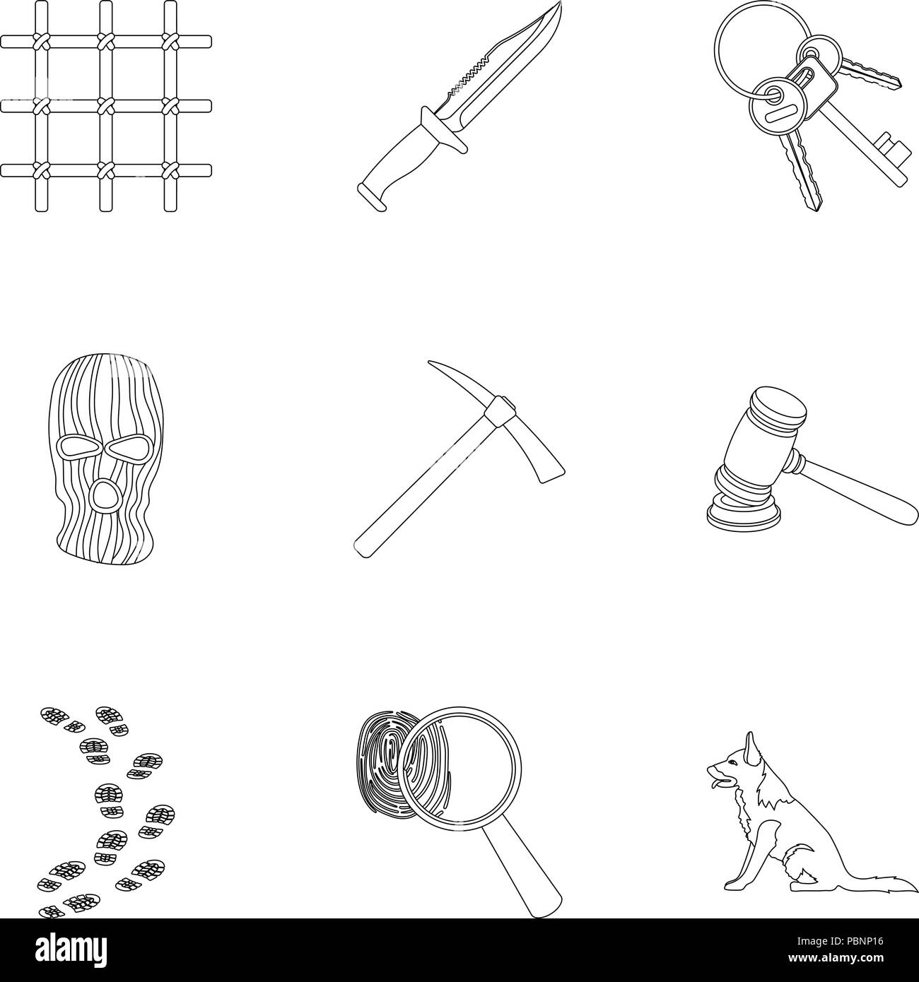 Cage,ensemble,cell,collection,cour,crime,chien,d'empreintes digitales,footprint,hammer,icône,menottes,illustration,images,prison,isolé,logo,touches,loupe,mask,object,contours,prison prisonnier prisonniers,,,punch,mort,set,signer,Surveillance,voleurs,voleur,symbole vecteur,web,bois, vecteurs vecteur , Illustration de Vecteur