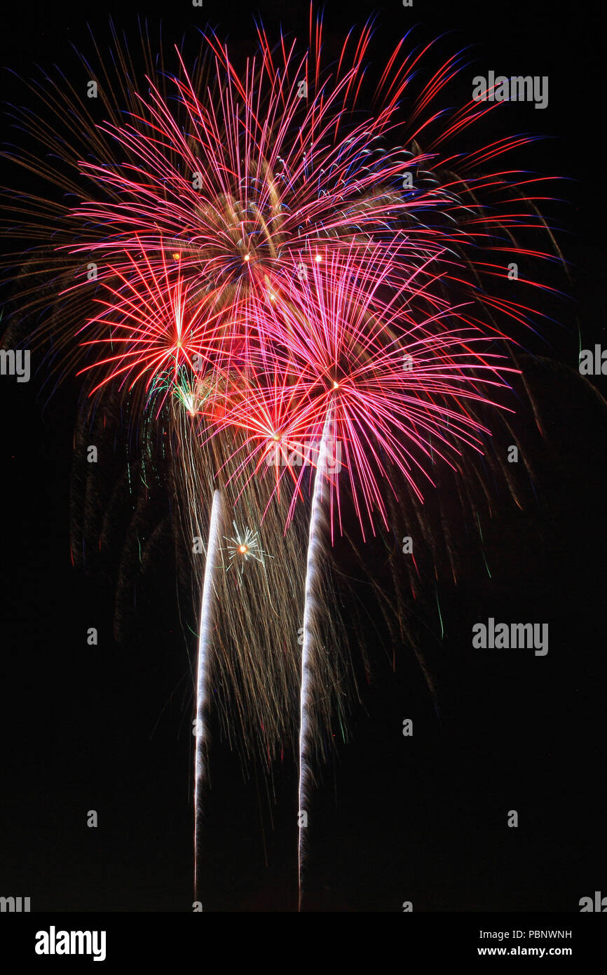 Peinture d'artifice le ciel au dessus de la base de la formation de forces interarmées, Los Alamitos, Californie, le 4 juillet 2018. Les partenaires d'installation avec les communautés locales pour présenter le 4 juillet annuel de la communauté d'artifice spectaculaire. Les presque 5 heures et les fournisseurs recommandés affiche militaire, des représentations musicales, et a abouti à un spectacle de 25 minutes de jeu de la musique patriotique. (U.S. Photo de la Garde nationale aérienne Aviateur Senior Housman Crystal) Banque D'Images