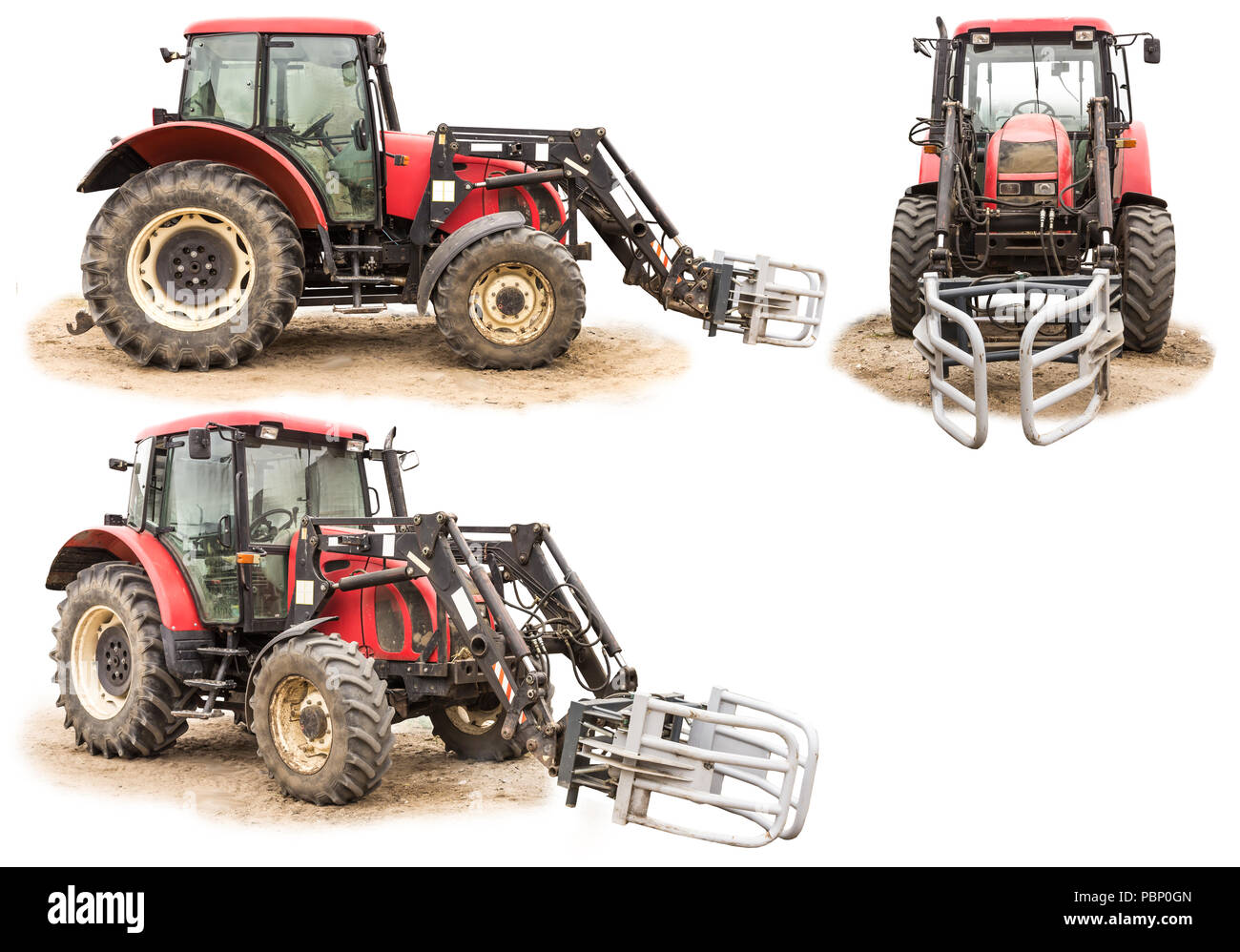 Tracteur avec ascenseur pour transporter les balles de foin et l'ensilage. Trois photos isolées. Avant, côté et vue générale de la machine. L'équipement pour une ferme. Banque D'Images