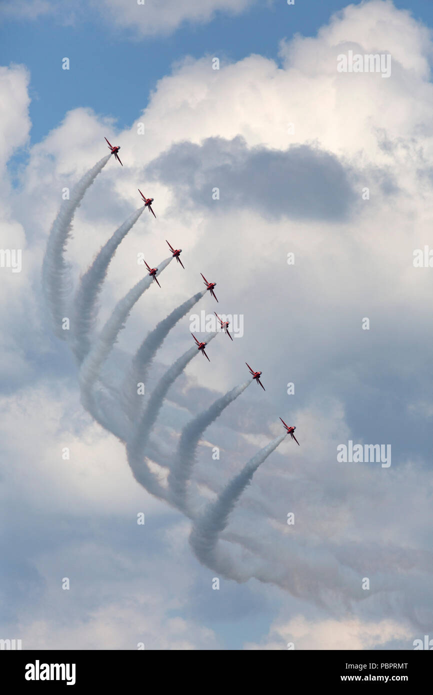 Sunderland, Royaume-Uni, 29 juillet 2018. Les flèches rouges qui se produiront au 2018 Sunderland International Airshow à Sunderland, en Angleterre. Les flèches rouges est l'acrobatie aérienne de la Royal Air Force de l'équipe d'affichage. Crédit : Stuart Forster/Alamy Live News Banque D'Images