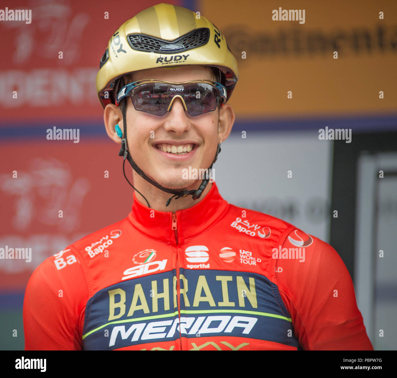 Horse Guards Parade, Londres, Royaume-Uni. 29 juillet, 2018. La seule course UCI WorldTour pour hommes s'aligne pour commencer la course dans le centre de Londres, le top riders sont présentés aux spectateurs. Photo : Bahreïn Merida team. Credit : Malcolm Park/Alamy Live News. Banque D'Images