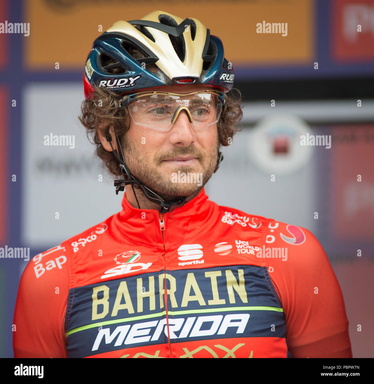 Horse Guards Parade, Londres, Royaume-Uni. 29 juillet, 2018. La seule course UCI WorldTour pour hommes s'aligne pour commencer la course dans le centre de Londres, le top riders sont présentés aux spectateurs. Photo : Bahreïn Merida team. Credit : Malcolm Park/Alamy Live News. Banque D'Images