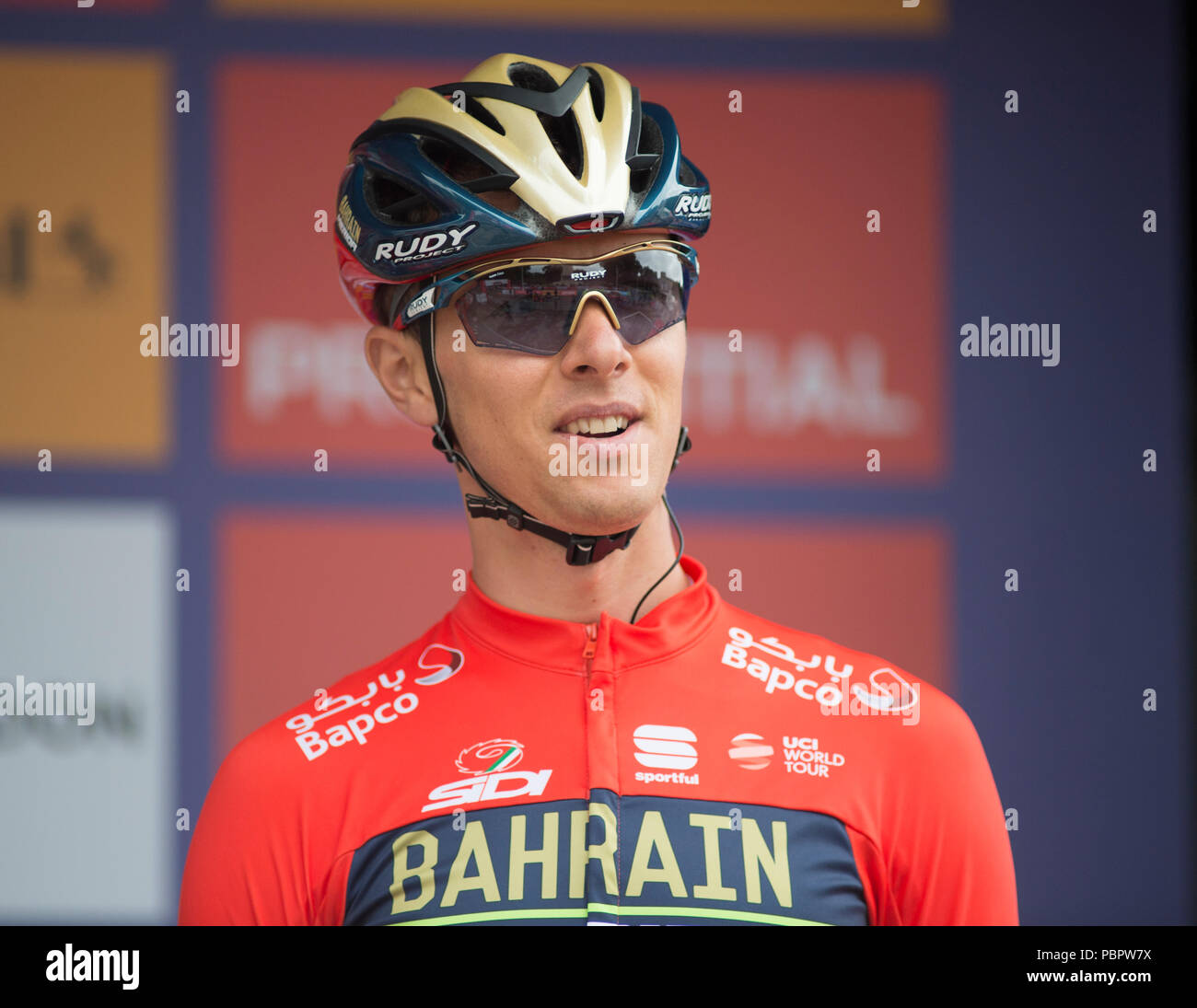 Horse Guards Parade, Londres, Royaume-Uni. 29 juillet, 2018. La seule course UCI WorldTour pour hommes s'aligne pour commencer la course dans le centre de Londres, le top riders sont présentés aux spectateurs. Photo : Bahreïn Merida team. Credit : Malcolm Park/Alamy Live News. Banque D'Images