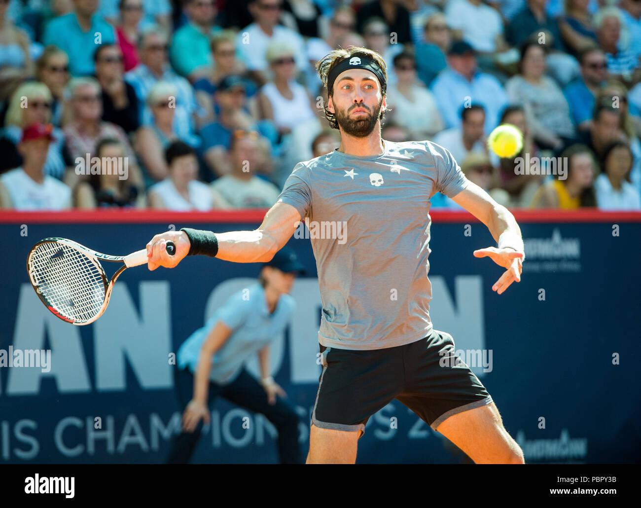 Hambourg, Allemagne, 29 juillet 2018. Tennis ATP Tour German Open, des célibataires, des hommes, dans la finale Tennis Stadium à Rothenbaum : Basilashvili (Géorgie) - Mayer (Argentine). Nikoloz Basilashvili pendant le jeu. Photo : Daniel Bockwoldt/dpa dpa : Crédit photo alliance/Alamy Live News Banque D'Images