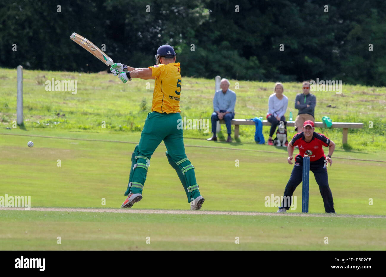 La Pelouse, Waringstown, Irlande du Nord, Royaume-Uni. 29 juillet, 2018. Le Lagan Valley Steels vingt 20 2018 Finale de la coupe. Waringstown v North Down. Ruhan Pretorius ouatine pour le Nord vers le bas. Crédit : David Hunter/Alamy Live News. Banque D'Images