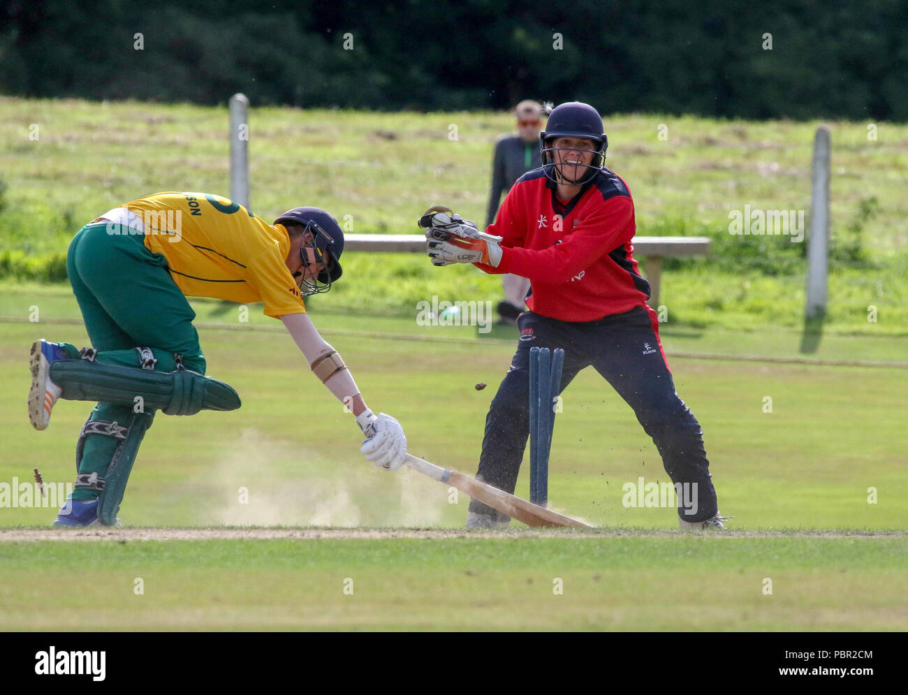 La Pelouse, Waringstown, Irlande du Nord, Royaume-Uni. 29 juillet, 2018. Le Lagan Valley Steels vingt 20 2018 Finale de la coupe. Waringstown v North Down. Un batteur vers le bas du nord est exécuté au cours de ce soir pour la finale. Crédit : David Hunter/Alamy Live News. Banque D'Images