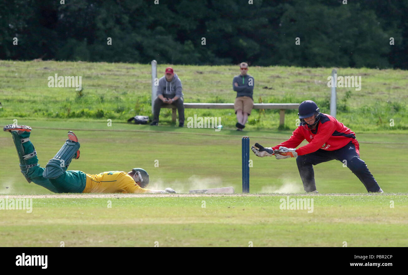La Pelouse, Waringstown, Irlande du Nord, Royaume-Uni. 29 juillet, 2018. Le Lagan Valley Steels vingt 20 2018 Finale de la coupe. Waringstown v North Down. Un batteur justs nord jusqu'en en fait le pli. Crédit : David Hunter/Alamy Live News. Banque D'Images