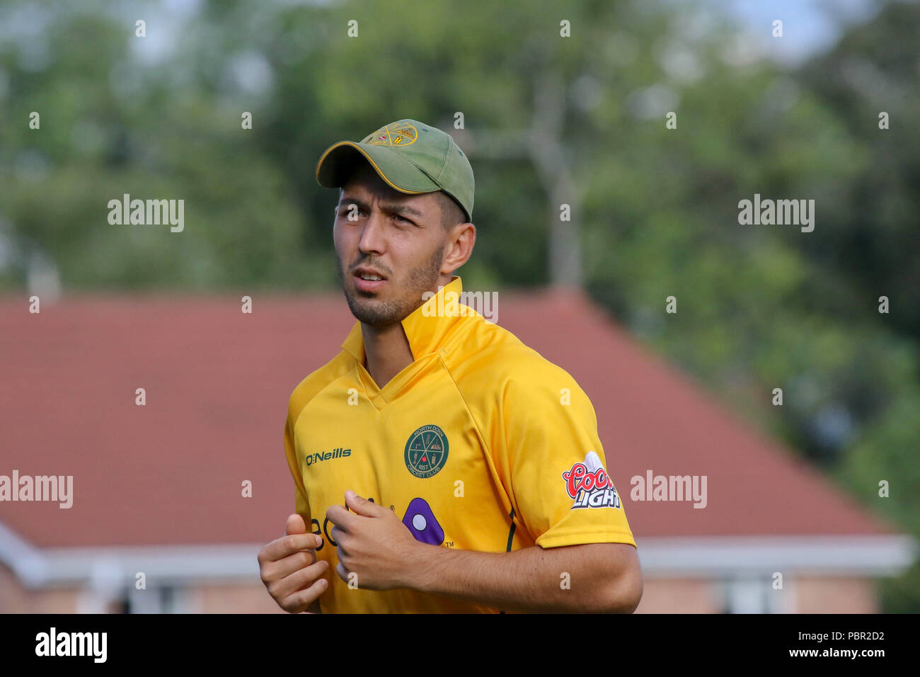 La Pelouse, Waringstown, Irlande du Nord, Royaume-Uni. 29 juillet, 2018. Le Lagan Valley Steels vingt 20 2018 Finale de la coupe. Waringstown v North Down. Ruhan Pretorius, au nord vers le bas. Crédit : David Hunter/Alamy Live News. Banque D'Images