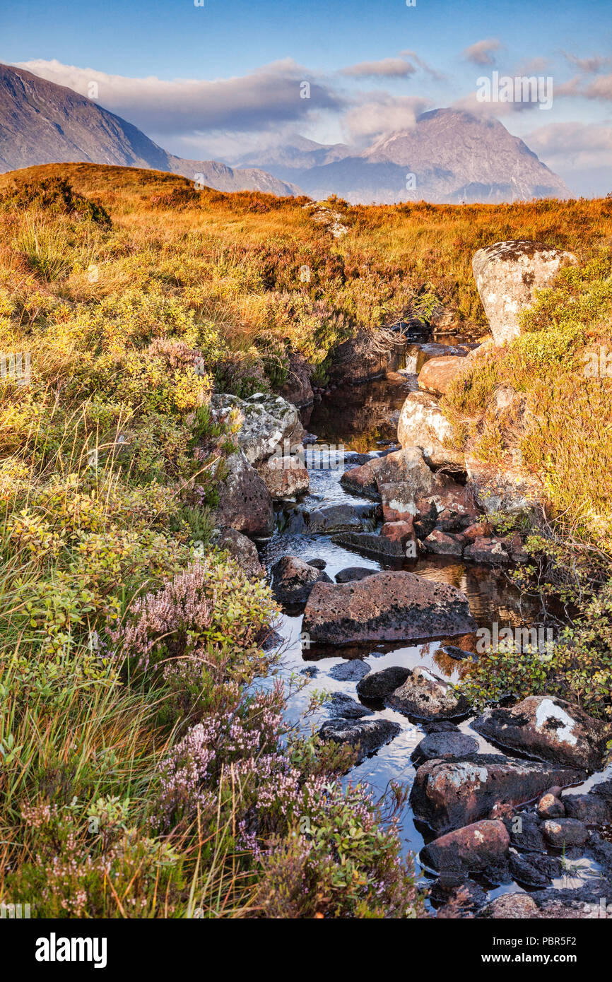 Un petit ruisseau à Glencoe, Lochaber, Highlands, Ecosse, Royaume-Uni. Banque D'Images