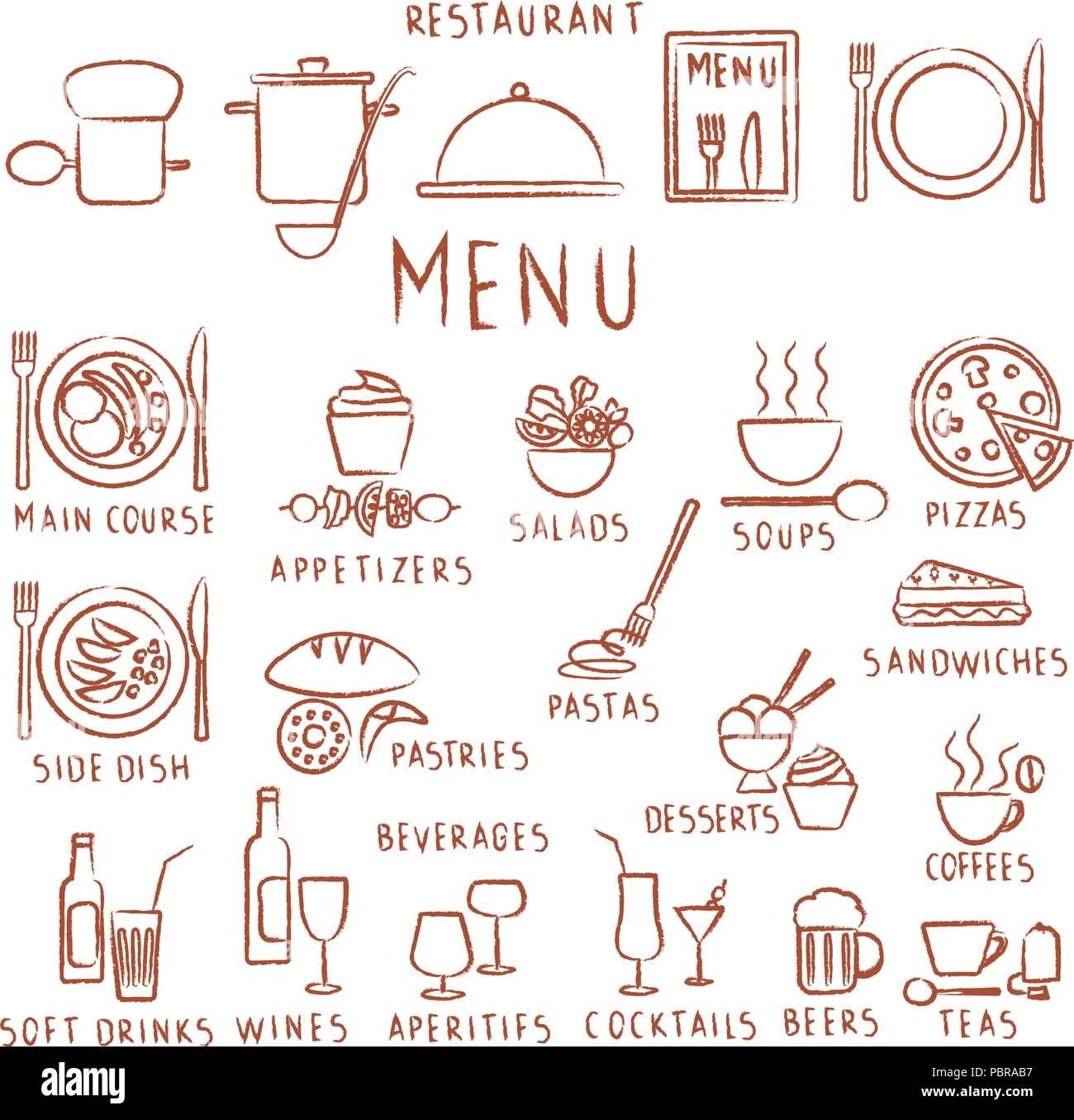 Éléments de menu restaurant dessiné à la main Illustration de Vecteur