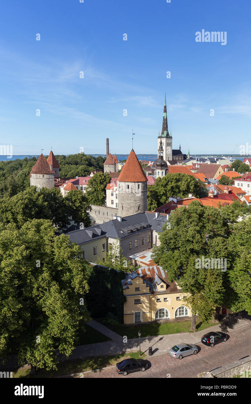 Les murs de la ville" et de l'Olaf (ou St Olav's) les tours de l'église et autres bâtiments de la vieille ville de Tallinn, Estonie, en vue d'au-dessus de l'été. Banque D'Images Les murs de la ville" et de l'Olaf (ou St Olav's) les tours de l'église et autres bâtiments de la vieille ville de Tallinn, Estonie, en vue d'au-dessus de l'été. Banque D'Images