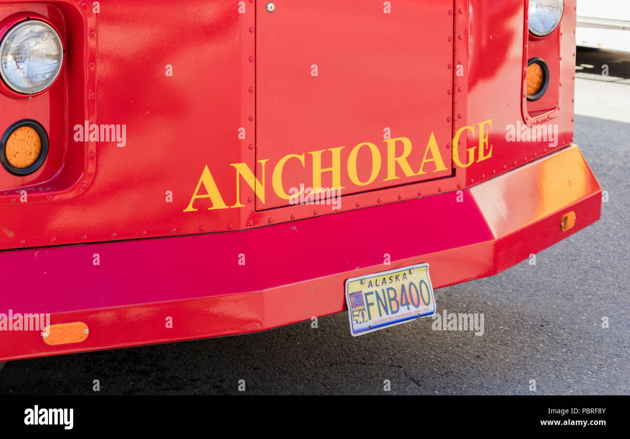 Anchorage, Alaska, USA - Le 18 juillet 2018 : Anchorage Red Trolley Trolley Tours, offrant des visites autour de centre-ville et une plus grande Anchorage en été. Banque D'Images