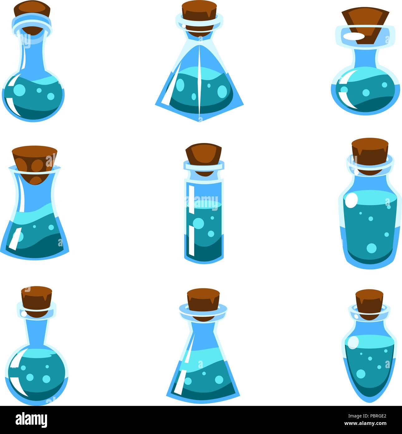 Cartoon vector Set de potions bleus dans des bouteilles de forme différente pour un jeu Illustration de Vecteur