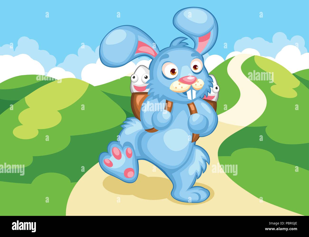 Cartoon illustration d'un lapin de Pâques avec des oeufs dans son sac à dos, Paysage de printemps, ciel bleu, Green Hills, journée ensoleillée, maison de vacances Illustration de Vecteur