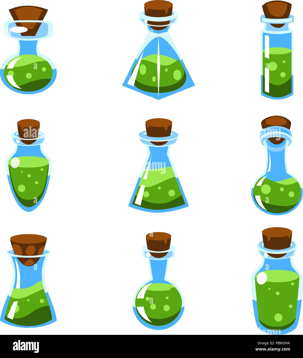 Cartoon vector Set de potions verte dans des bouteilles de forme différente pour un jeu Illustration de Vecteur