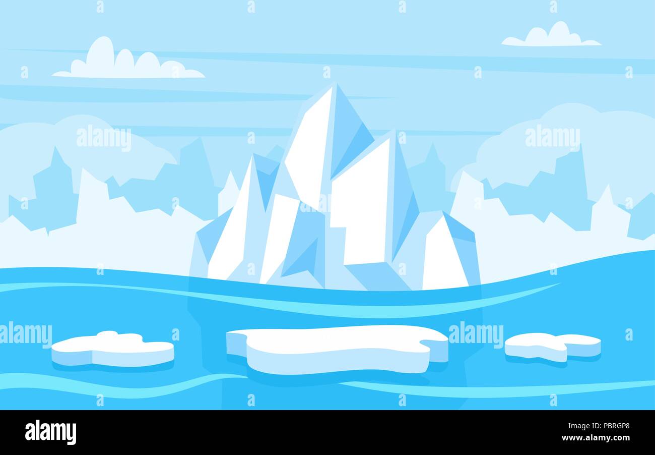 Cartoon illustration du paysage arctique avec ciel bleu et iceberg, arrière-plan de jeu Illustration de Vecteur